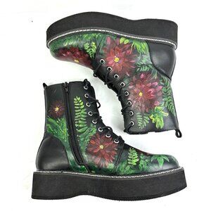 ASOS Ankle Boot 7 Chunky Floral Painted Lace Zip Up Platform Combat Bootie Women
